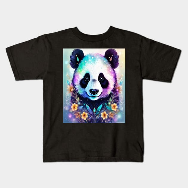 Fantasy, Watercolor, Panda Bear With Flowers and Butterflies Kids T-Shirt by BirdsnStuff